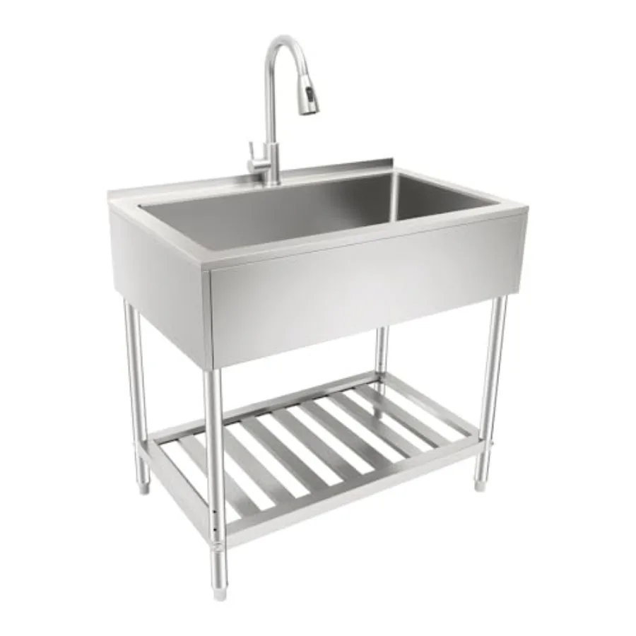 

Stainless Steel Utility Sink 35.8" x 21.8", Deep Basin Kitchen Sink with Pull-Out Faucet, Freestanding Commercial Sinks with St