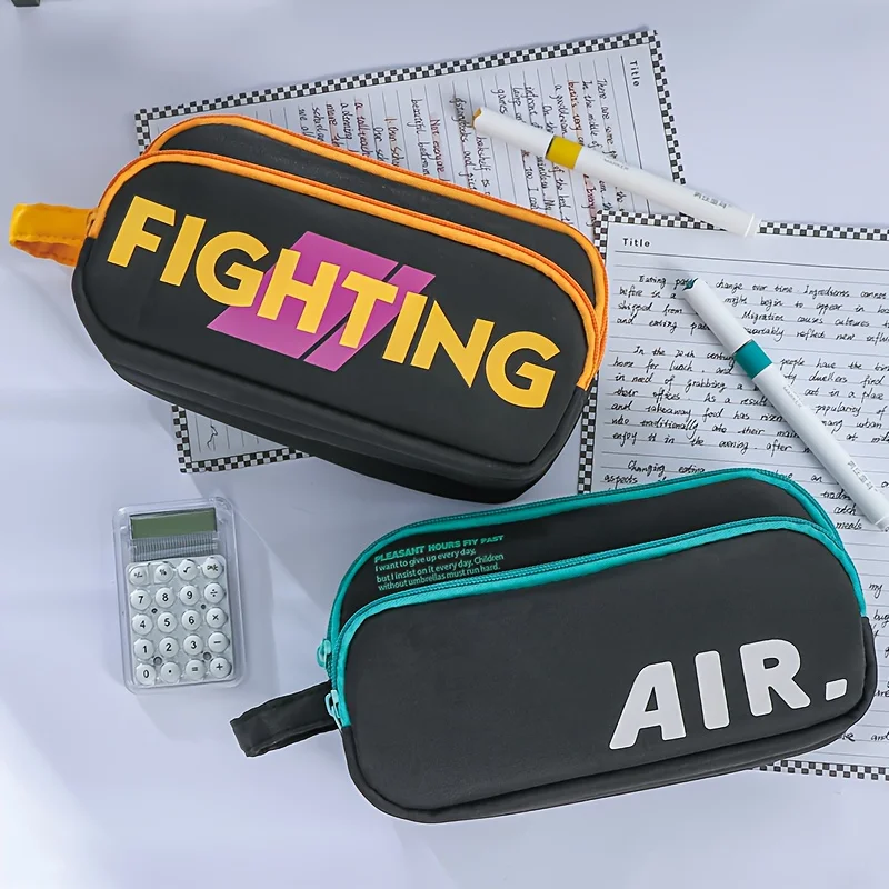 1pcs Slogan Fighting 3-Layer Large Capacity Pencil Case Portable Handle Durable Color Pen Bag Dirty Resistant Pouch A3210
