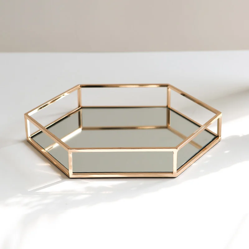 

Nordic Metal Tray Golden Glass Mirror Cosmetic Storage Tray European-style Model Room Decorations Hotel Desktop Decorations