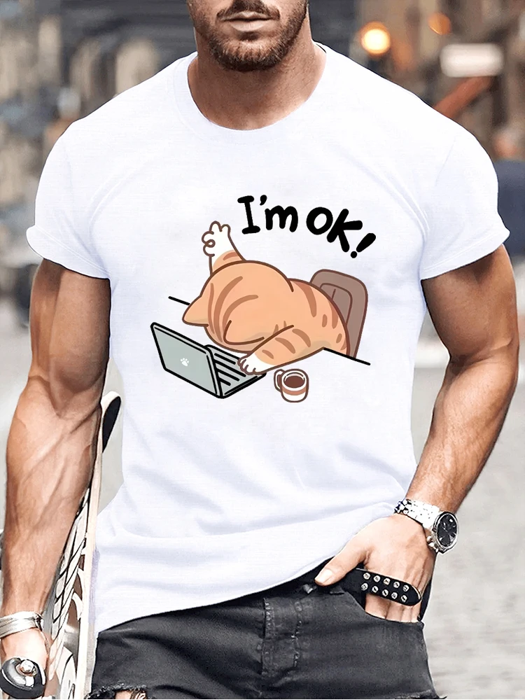 T-shirt grafica gatto "I'm OK" carina per uomo donna casual girocollo manica corta t-shirt moda elegante design gatto pigro top
