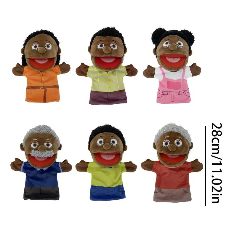 

6pcs Family Hand Puppet Black Skin Open Mouth Father Mother Son Daughter Glove Kindergarten Educational Teaching Dolls Kids Gift