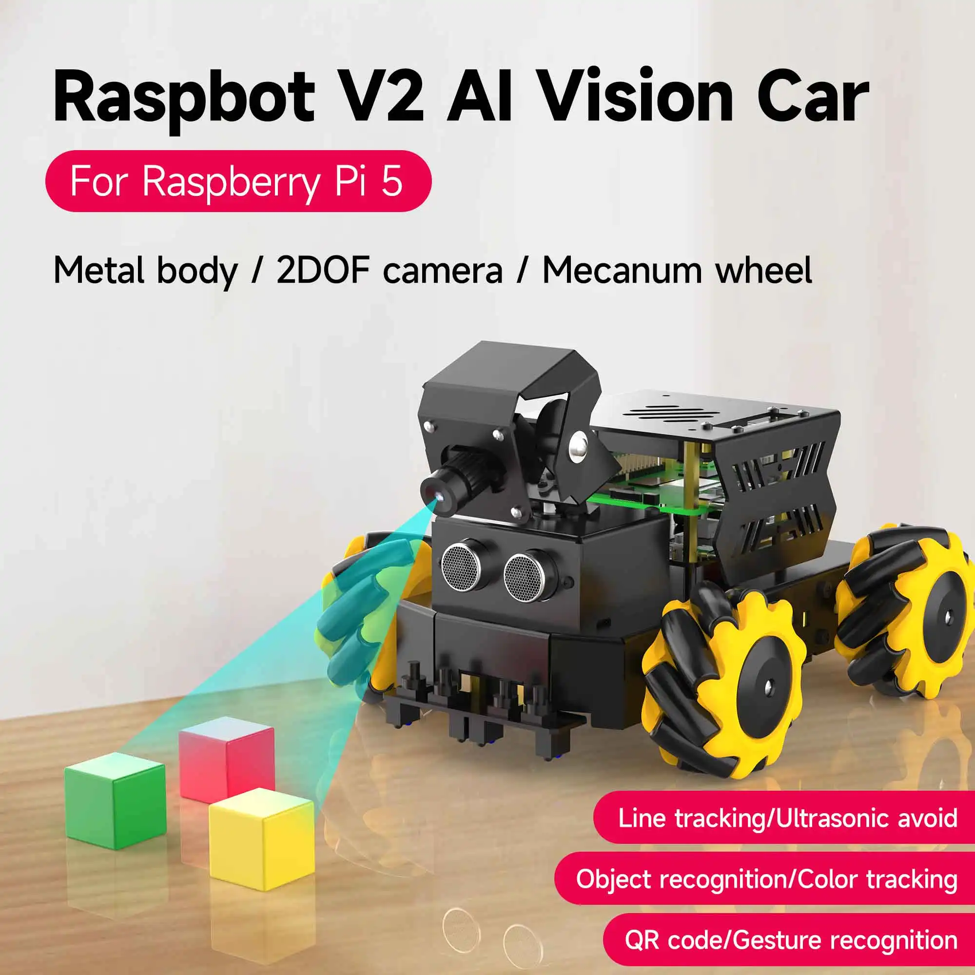 Raspberry Pi 5 4WD Mecanum Robot Car Kit AI Vision With Camera DIY Educational ROS2-Humble Python Programming Set for Beginners