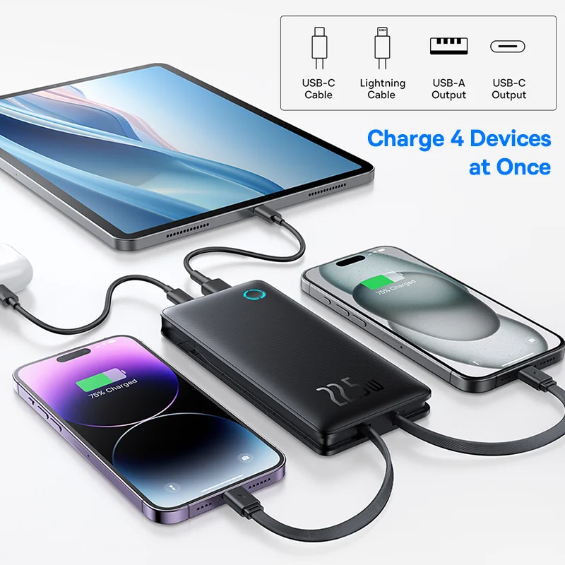 Baseus 22.5W Power Bank 10000mAh with Two Built-in Cables PD Fast Charging For iPhone 15 Pro Max, Charge 4 Devices at Once