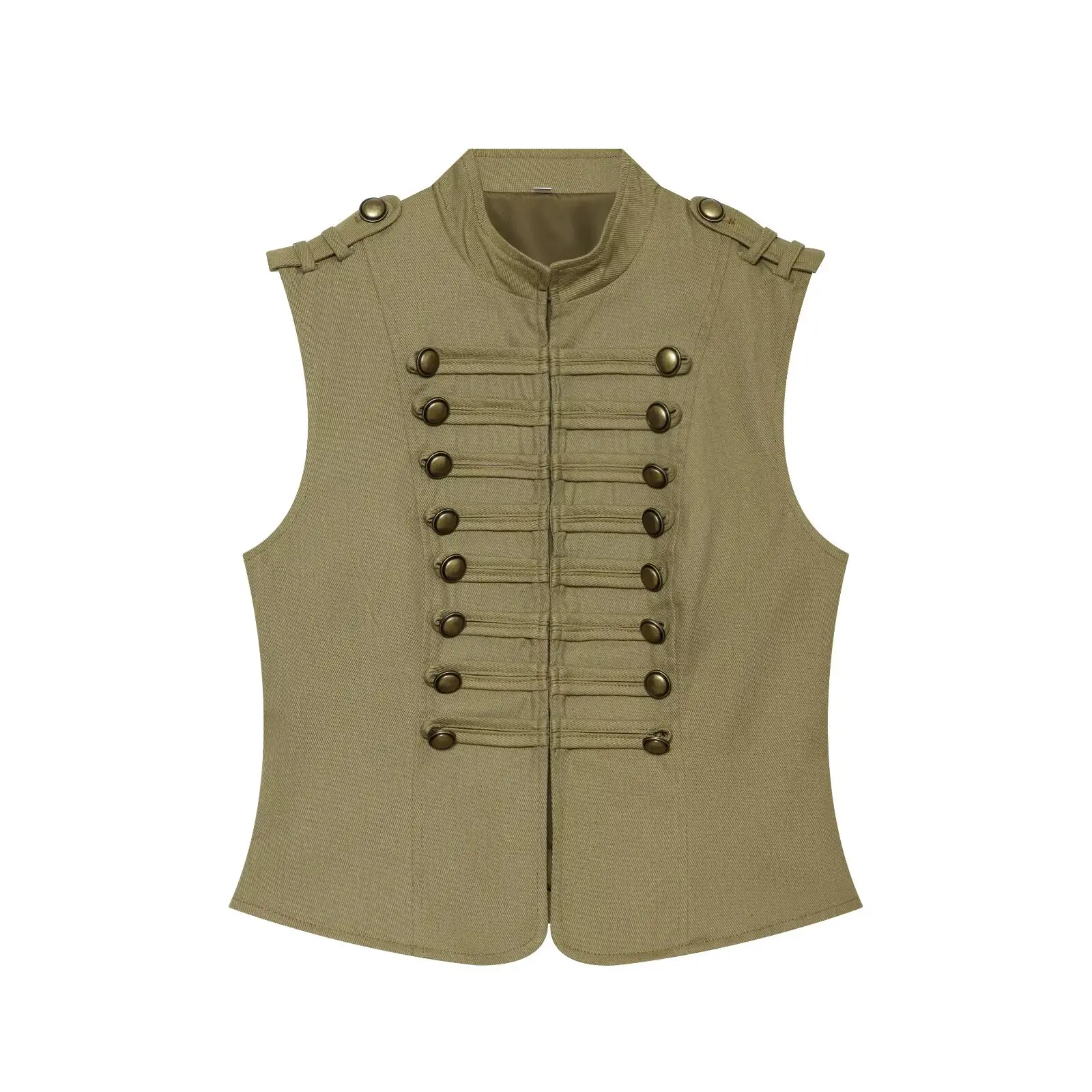 BSAY Military Women Matching Suit Sleeveless Stand Collar Frog Button Vest High Waist Short Pants Street Fashion Piece Outfit
