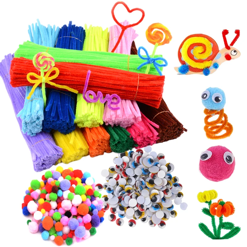 200 Pompon-Kugeln, 200 selbstklebende Augen, 100 Chenille-Stiele, DIY-Materialien für Kinder, Erwachsene, handgefertigte Kunsthandwerksgeschenke für Jungen und Mädchen, TMZ
