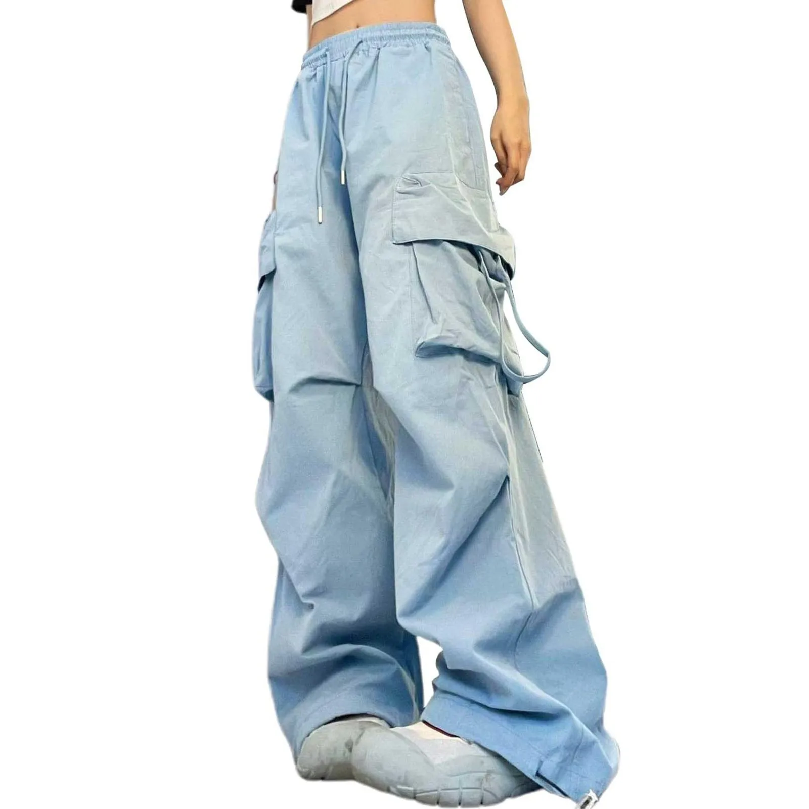 

Женские широкие брюки-карго на шнурке с множеством карманов, свободные повседневные брюки в уличном стиле, универсальные брюки в пол