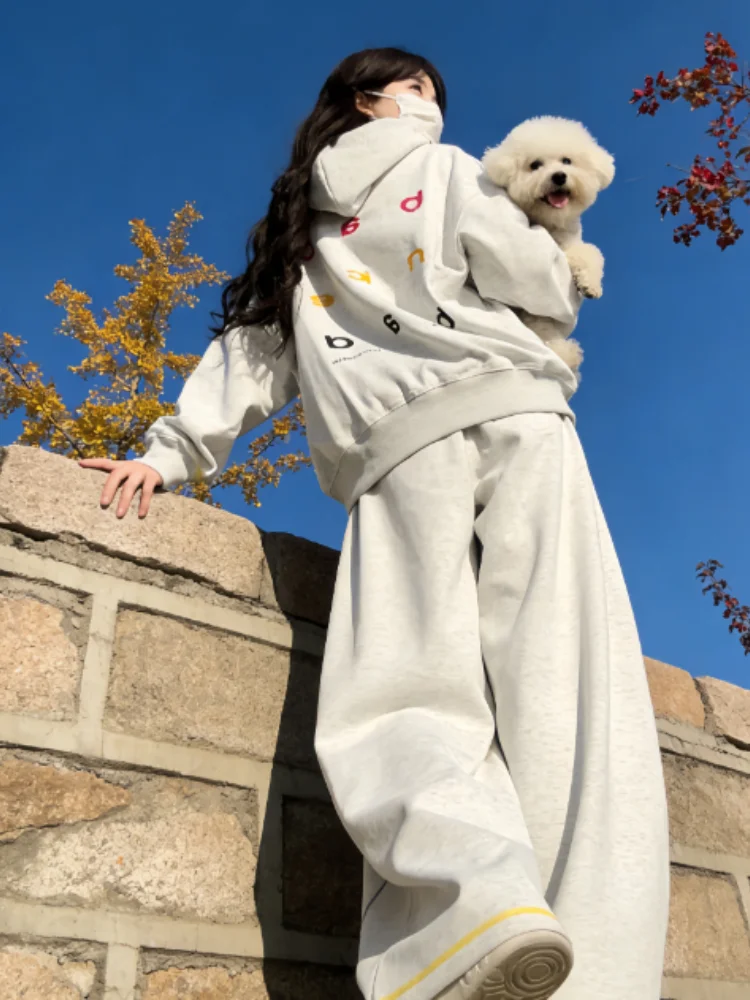 Ensemble de vêtements de sport à capuche imprimé fil irrégulier coloré, manches longues, ample, deux pièces, pour hommes et femmes, décontracté, automne hiver