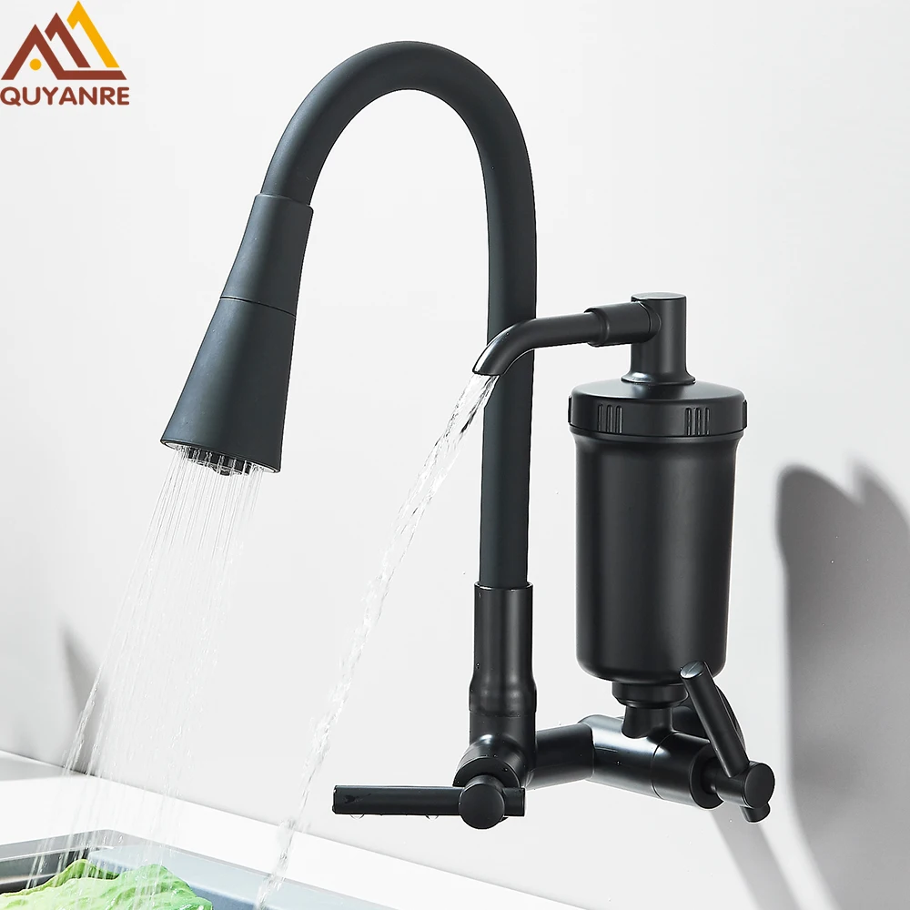 Wall Mounted Black Kitchen Faucet With Filter Flexible Rubber with 2-way Function Sprayer