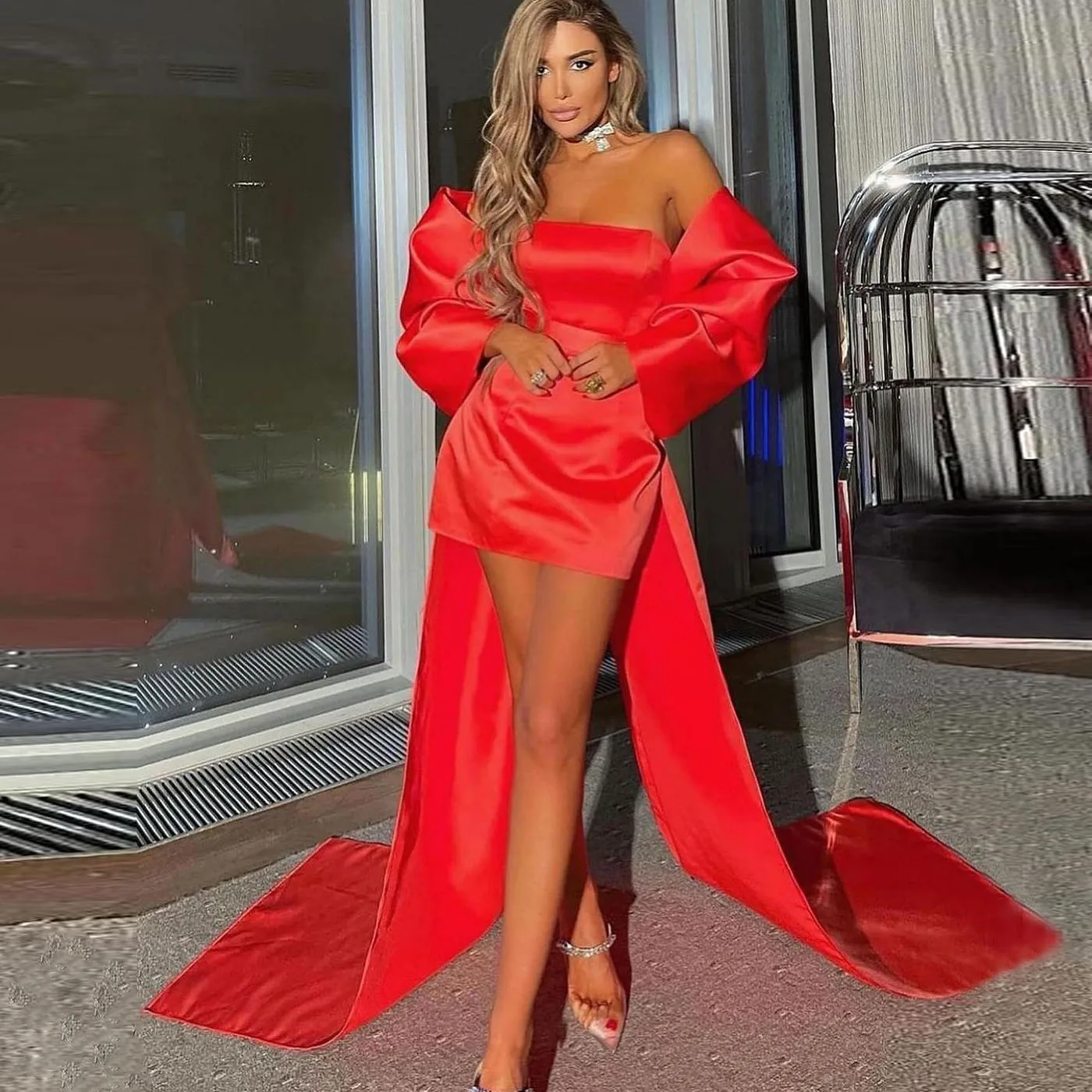 Chic Red Big Bow Party Dresses Mini Length Bow Sleeves Long Train Short Cocktail Formal Dress Women Birthday Event Gala Gowns