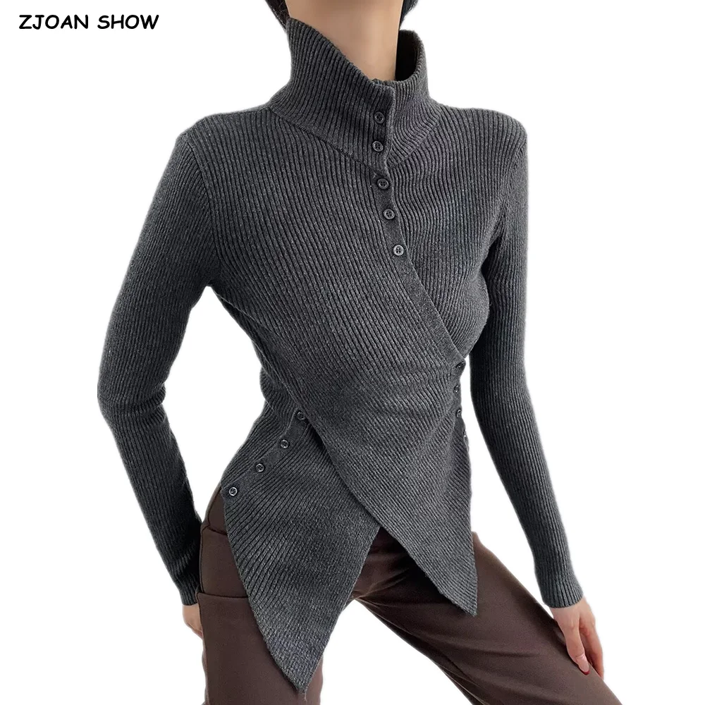 

2025 Autumn Women Open Buttons Cross High Collar Knitted Pullover Sweater Women Long Sleeve Asymmetry Jumper Short Knitwear