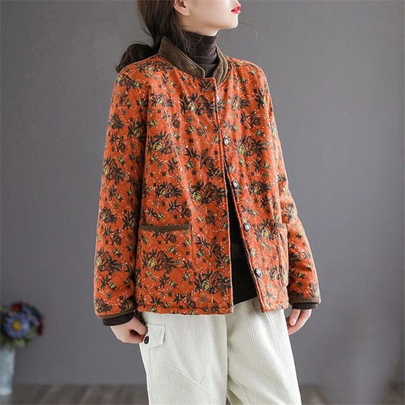 Women High-end Cotton Jacket Women Autumn Winter Korean Foreign Style Warm Cotton Coat Mothers Printed Stitching Cotton Jacket