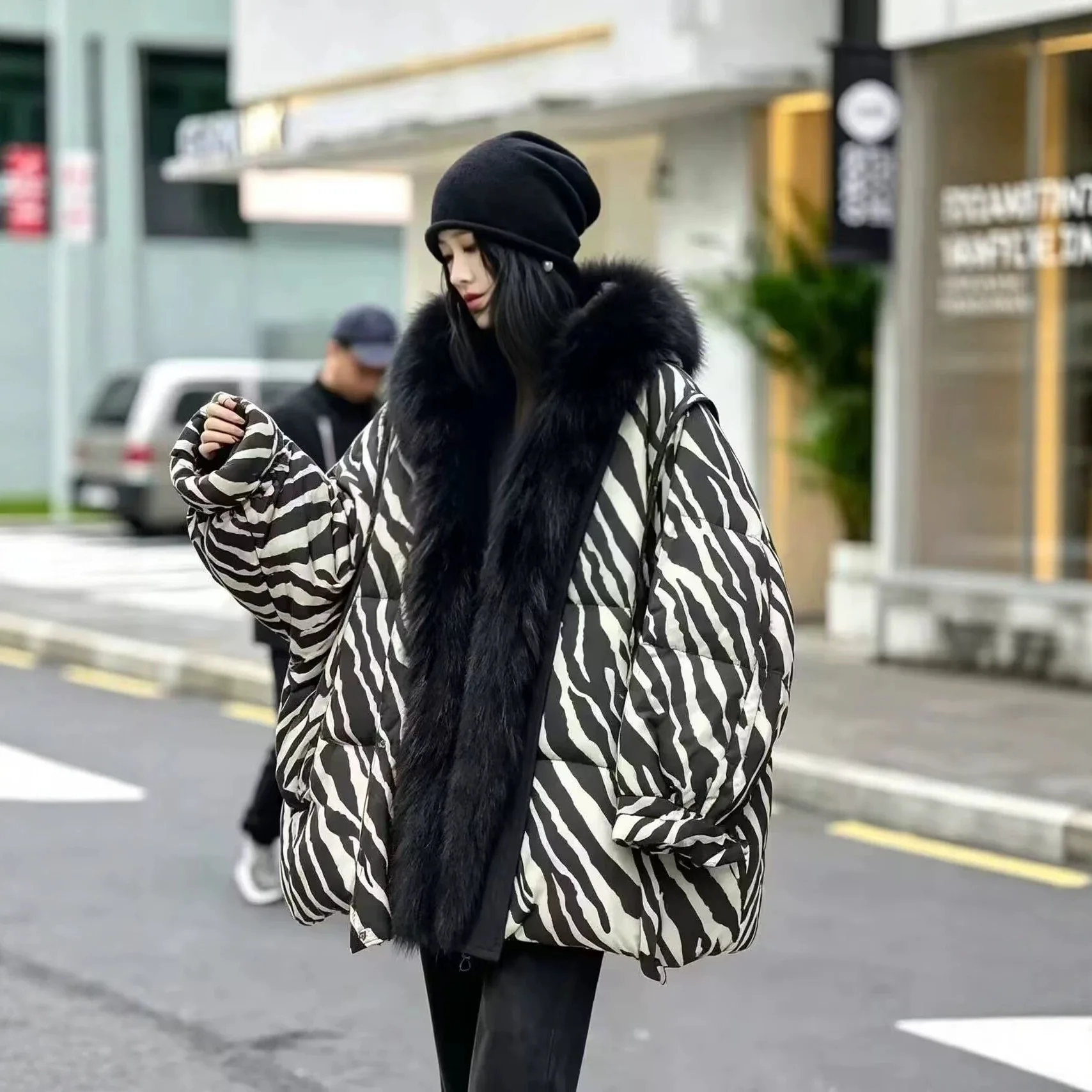 Winter Oversized Leopard Zebra Print Jacket Female Natural Big Fur Collar Hooded Down Jacket Women White Duck Down Warm Outwears