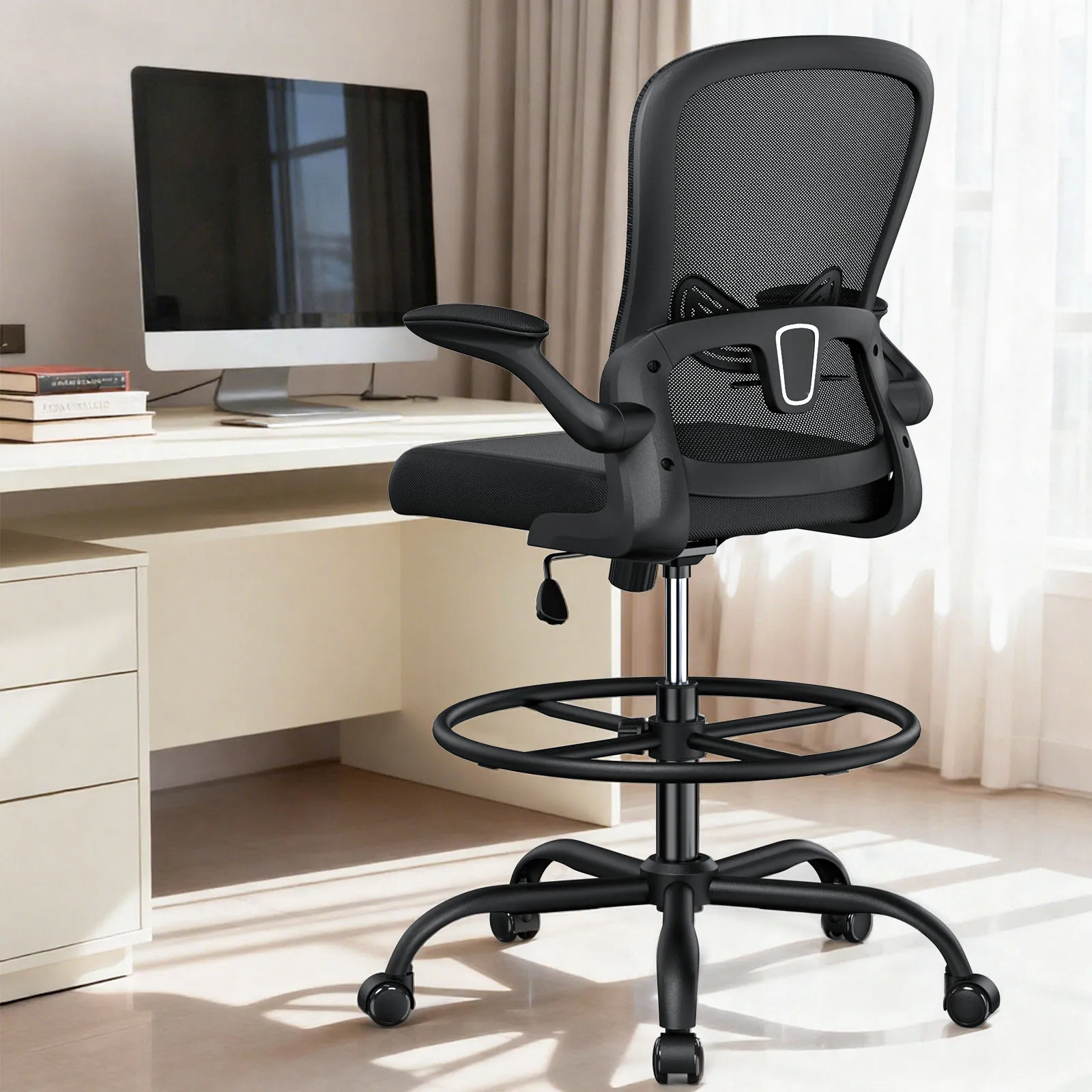 Drafting Chair, Standing Desk Chair with Flip-Up Armrests, High Desk Chair Adjustable Height, Ergonomic Tall Office Chair with Lumbar Support and Adjustable Footrest Ring