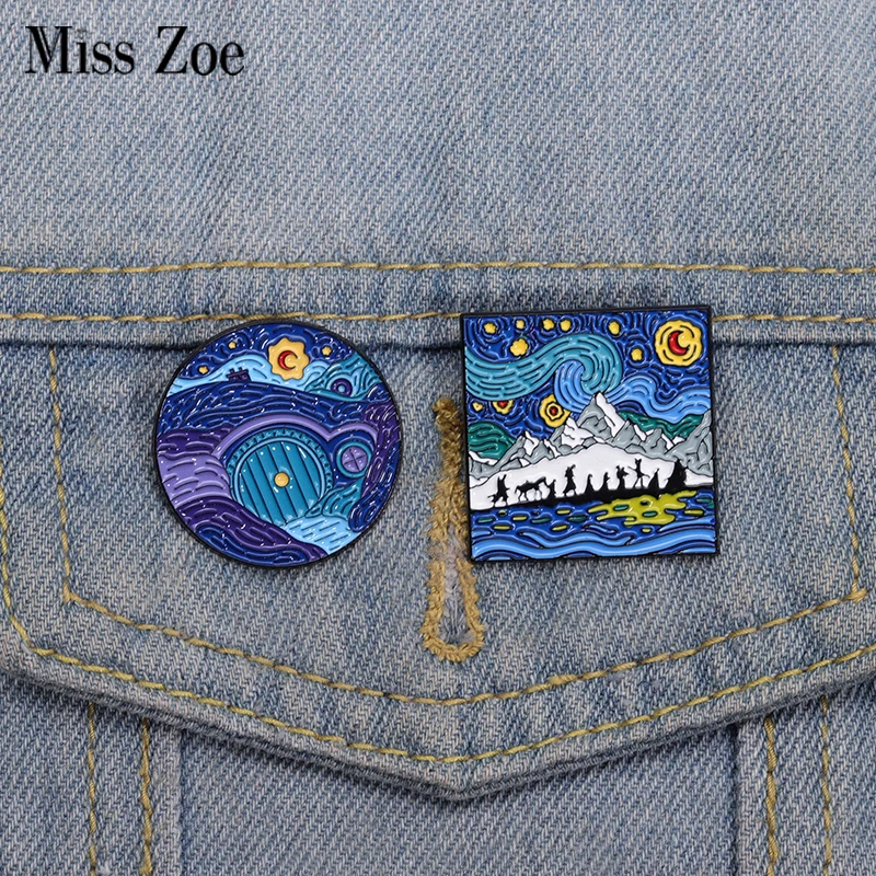 Night Sky Oil Painting Enamel Pins Custom Distorted Night Scene Brooches Lapel Badges Clothes Punk Jewelry Gift for Friends