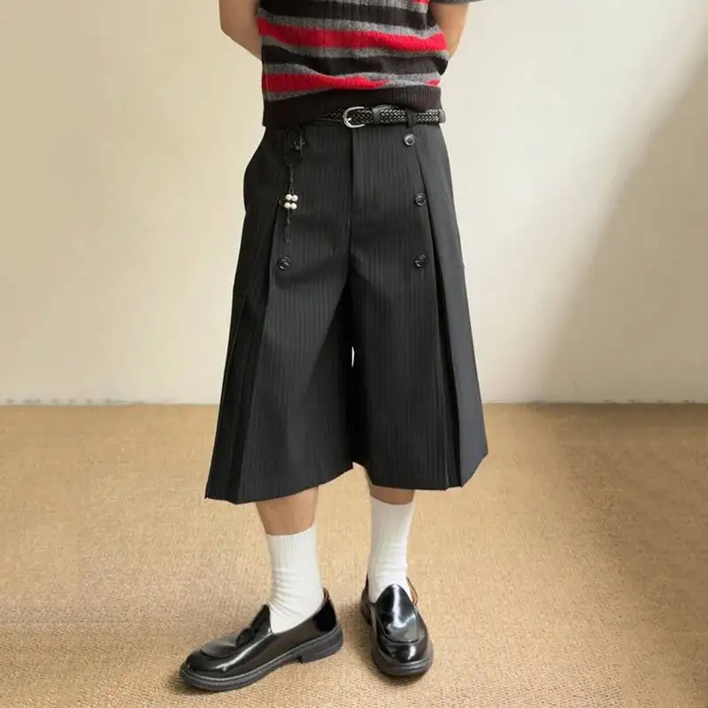 Pinstripe Pleated Double Button A Line Short Mens Mid Length American Retro Street Summer Casual Bottom JD40