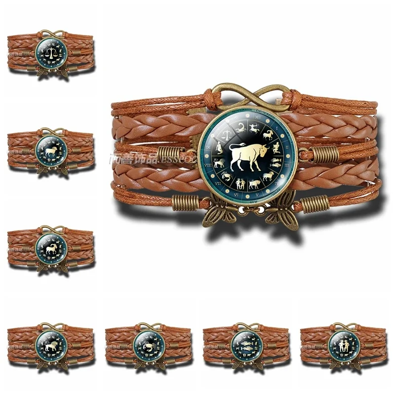 12 Constellation Aquarius Pisces Aries Zodiac Signs Round Multilayer Woven Leather Bracelet Glass Dome Pendant Man Woman Gift