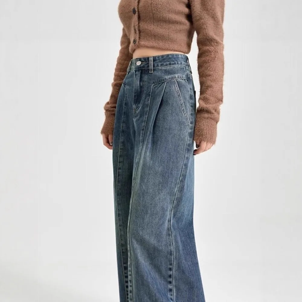 بنطال جينز نسائي واسع الساق، للربيع والخريف بخصر عالٍ وساق مستقيمة وفضفاض بطول الأرض #4