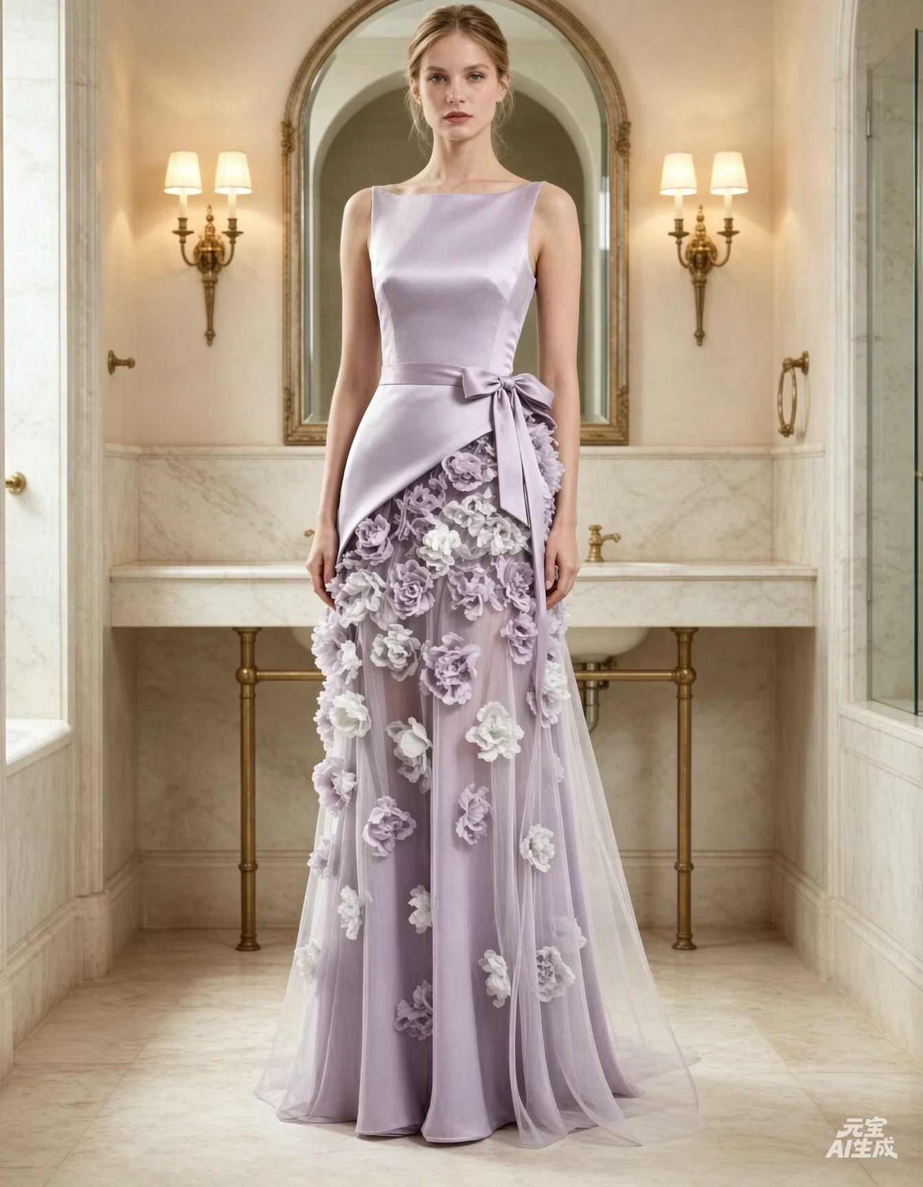 Customized Lavender Satin Tulle A‑Line Evening Dress Sleeveless Bateau Neck Bow Sash Waist 3D Floral Appliques Formal Prom Party