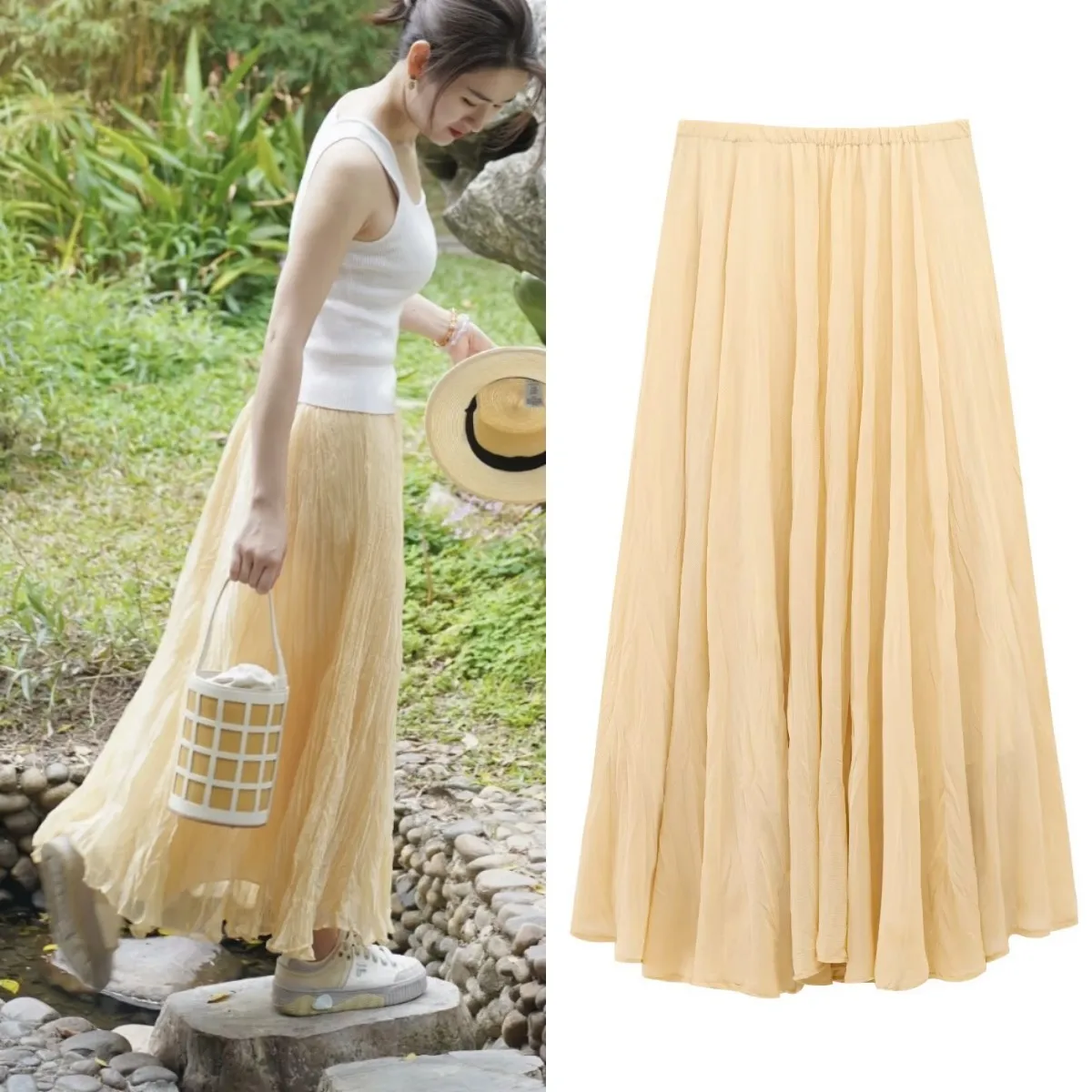 

LIBIELIY Spring New Women's Pastoral ZW Series Crease Effect Temperament MIDI Skirt Elastic Waist A-line Model Yellow Skirt