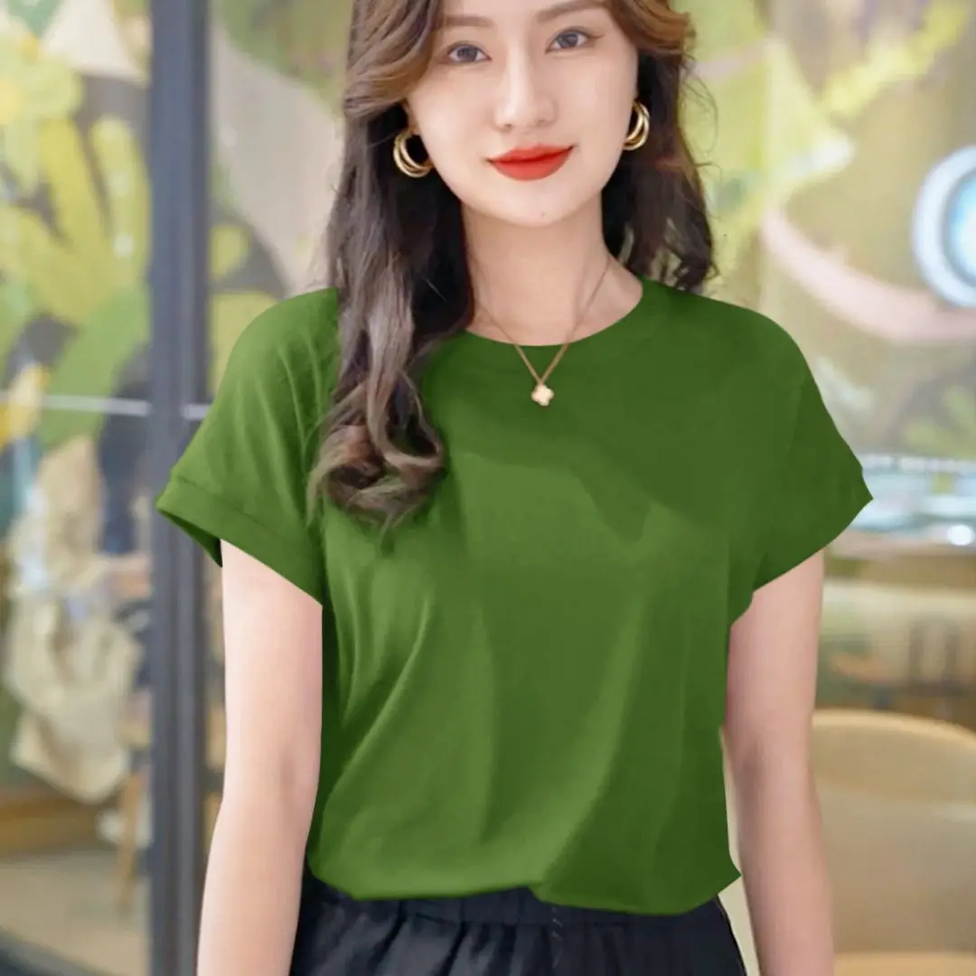 Piccole maniche volanti Nuovo versatile girocollo sottile design tinta unita estivo a maniche corte Top di nicchia pipistrello