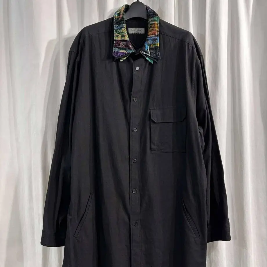TOP-YAMAMOTO® Japanese-style workwear style black multi-pocket patchwork color shirt for men, with a loose design and comfortabl