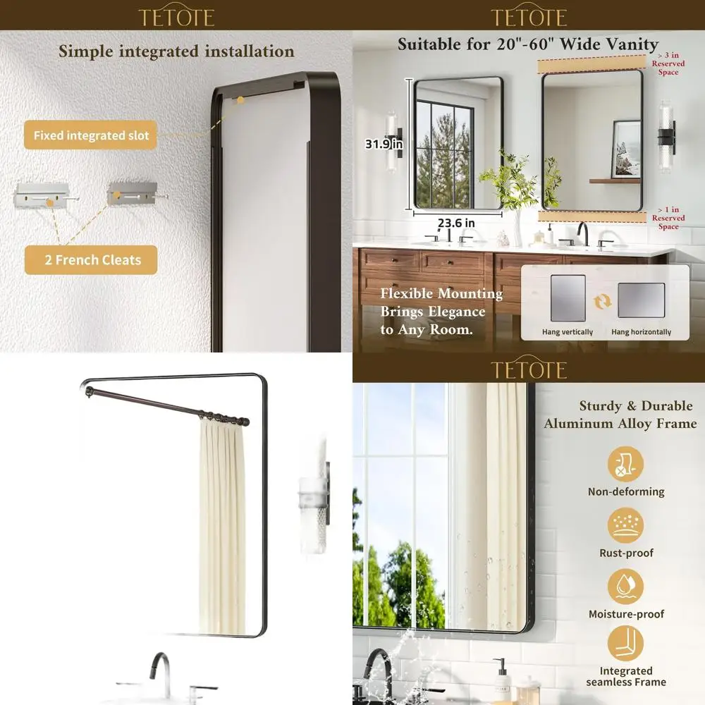 

24 x 32 Matte Black Frame Vanity Mirror, Tempered Glass, Wall-Mountable for Home Use