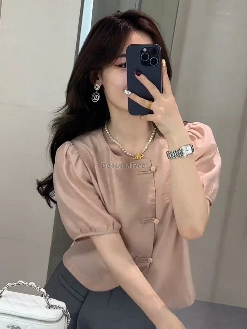 2024 new chinese style vintage tang suit top elegant temperament lady work chiffon blouse sweet puff sleeve slim thin button top