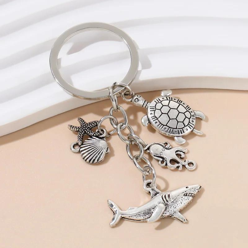 Classic Ocean Sharks Shells Starfish Turtles Alloy Keychain Sea Life Animals Key Ring For Women Men Handmade Jewelry Set