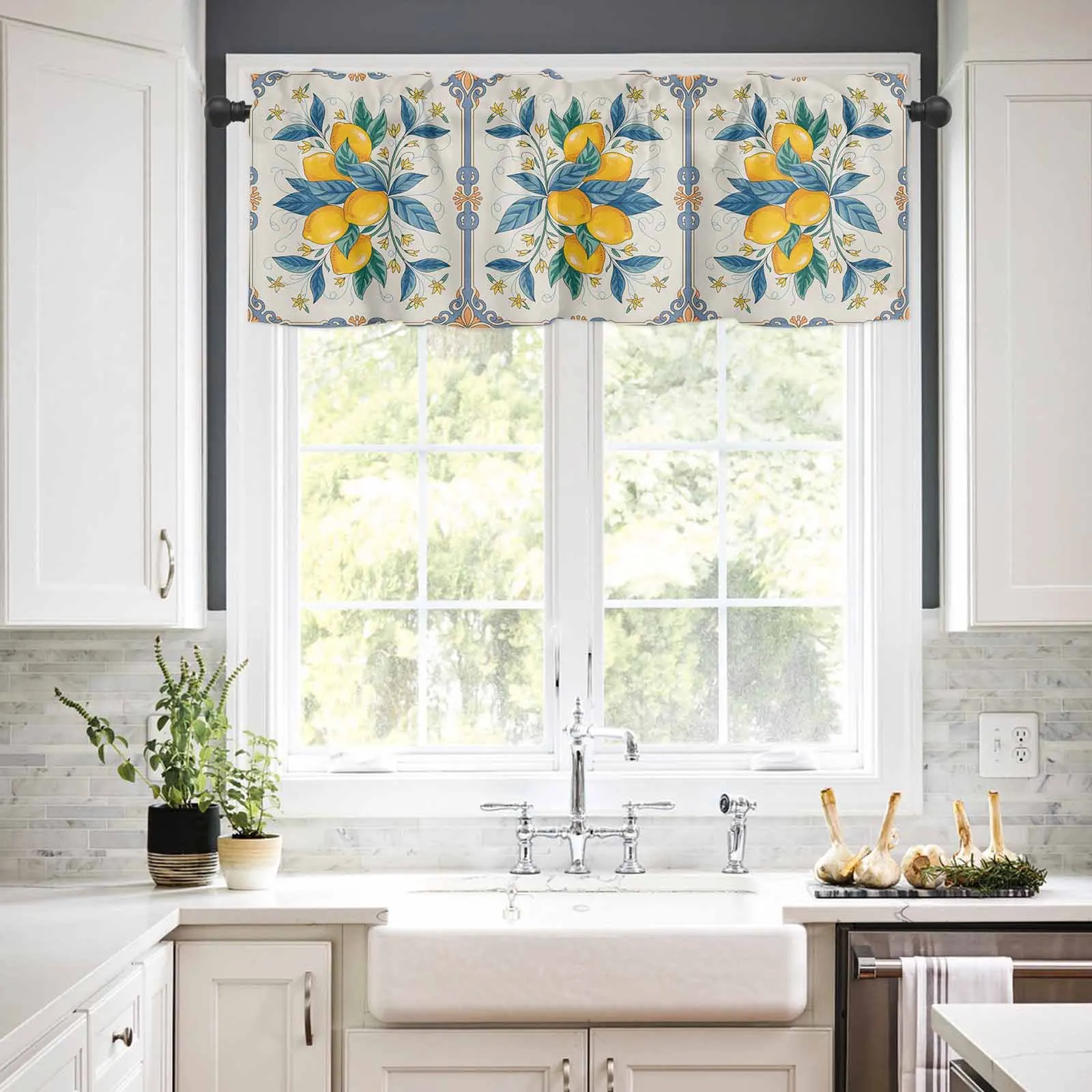 

1PCS Kitchen Short Curtain Valance Medieval Farmhouse Vintage Lemon Flowers Rod Pocket Window Home Decoration