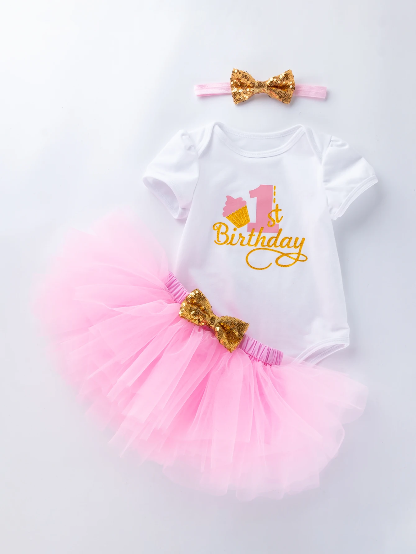 Conjunto de 3 peças para primeiro aniversário de menina, body de manga curta + saia tutu de tule + faixa de cabeça com laço dourado, fantasia de princesa para festa de aniversário