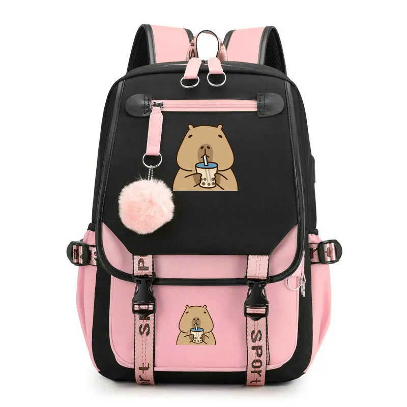 Schulrucksack für Kinder Teenager Kawaii Capybara Schultasche Mädchen Jungen Kinder Rucksack Teenager Rucksack USB Lade Büchertasche