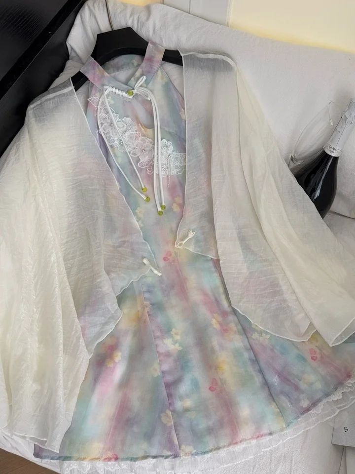 

New Chinese Sle Loose Slimming Small ence Open Cardigan Absolutely Beautiful Young Stand Collar Flower Qipao Dr Set