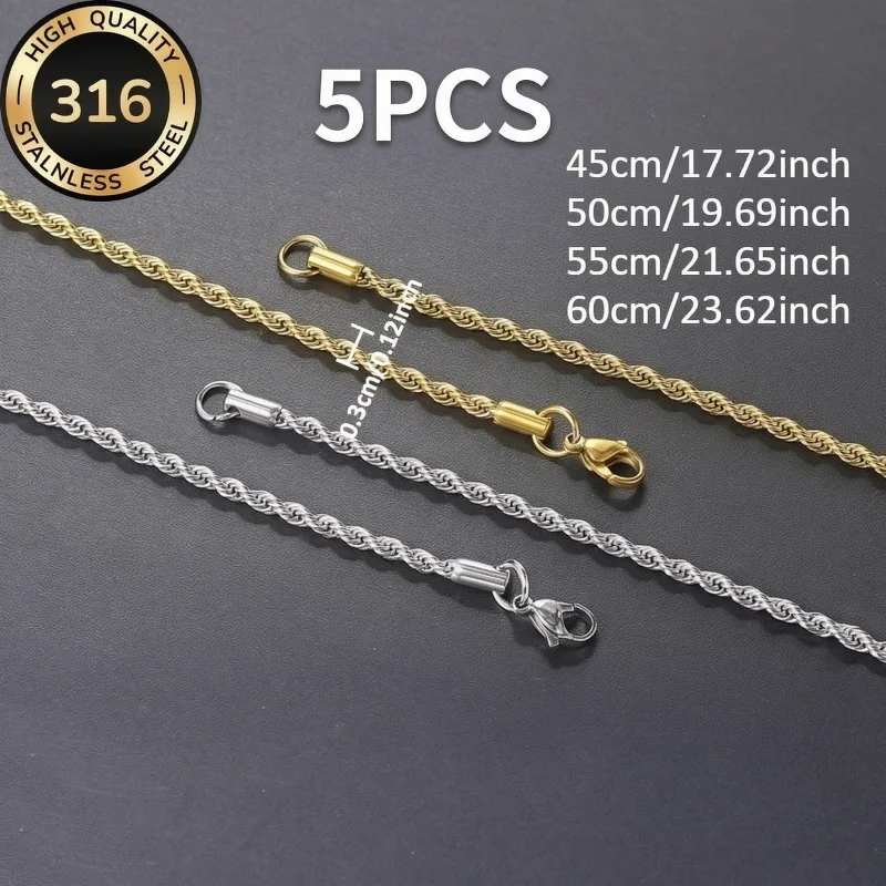 5pcs Stainless Steel 3mm Wide Twisted Rope Basic Chain Necklaces, Versatile for Daily and Formal Wear 45/50/55/60cm