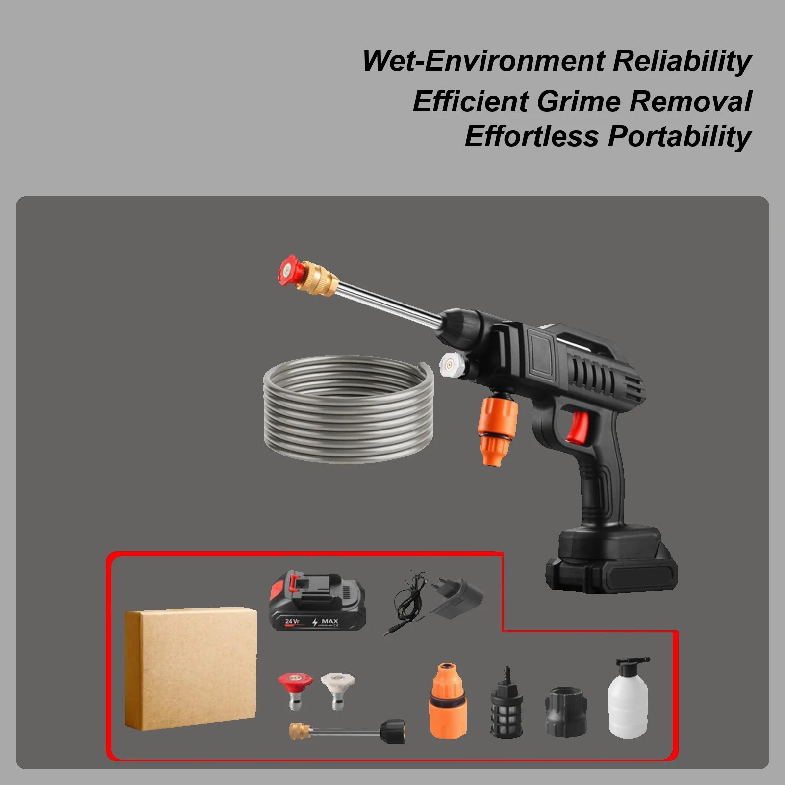

Мойка высокого давления с батарейным питанием, беспроводной инструмент для очистки, перезаряжаемая мойка высокого давления со шлангом 16,4 фута для автомобиля, дома, сада