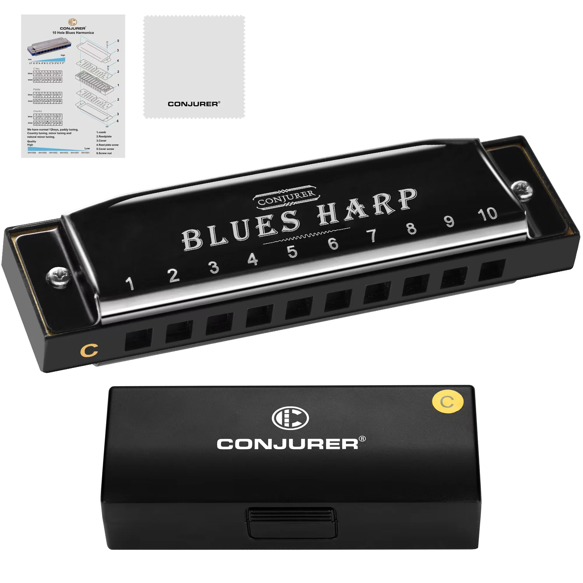 CONJURER Diatonic Harmonica 10 Hole Blues Harp Mouth Organ with different keys  Professional Musical Instruments(BLACK COVER)