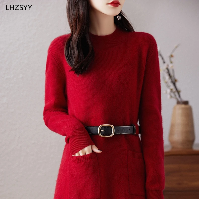 LHZSYY-Robe en cachemire à demi-col roulé pour femme, pull grande taille, jupe taille haute tricotée, jupe trapèze chaude, automne, hiver, nouveau