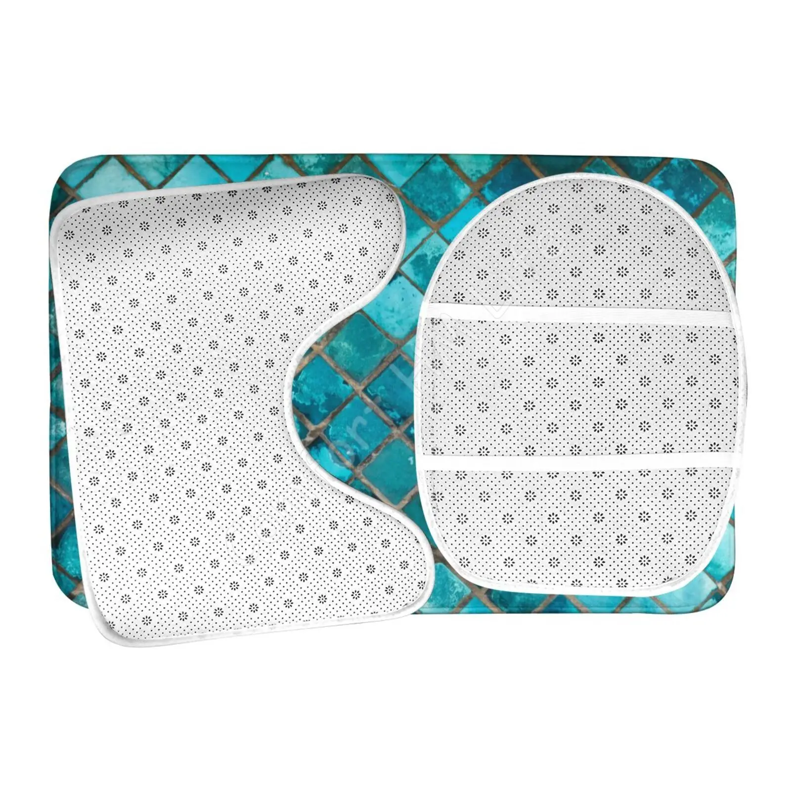 Turquoise Blue 3 Pcs Toilet Cover Non Slip Mat Bathroom Rugs Set Soft Toilet Seat Bath Mat Set Accessories for Bathroom Decor