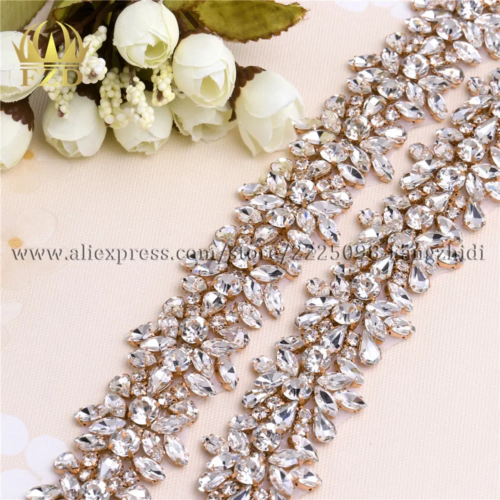 (1 Yard) Handmade Hot Fix Sewing on Clear Rhinestone Crystal Appliques for Wedding Gown Iron on Belt Headpieces Garters FA-1072