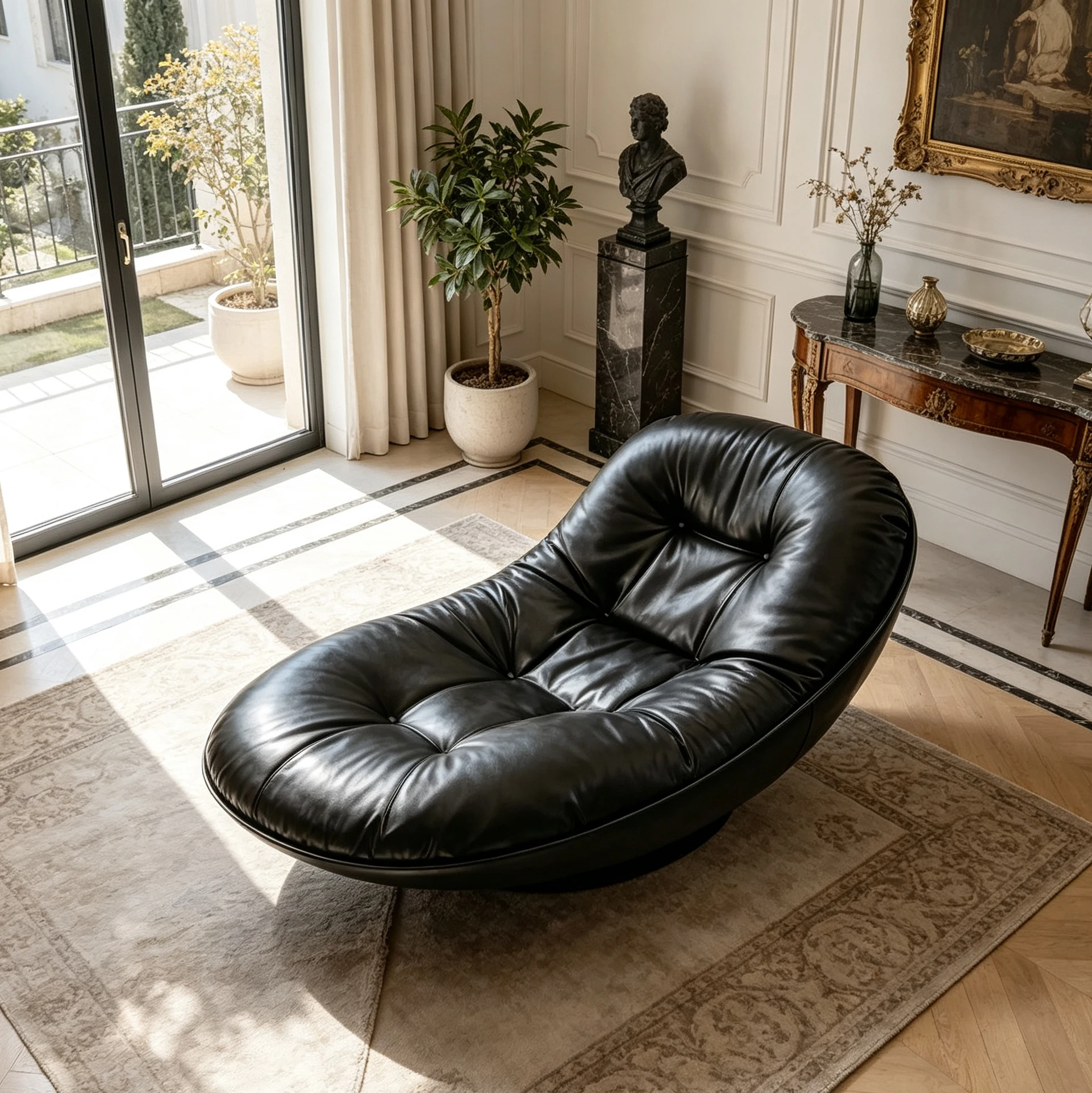 A*-Tufted Black Leather Bowl-shaped Fiberglass Chaise Lounge for Upscale Modern
