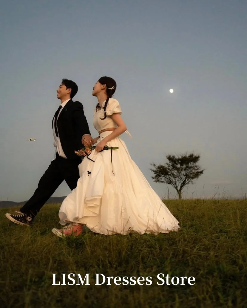 LISM Square Collar Korea Wedding Dresses Short Sleeves Ribbons Sweet Silk Taffeta Two Pcs Bridal Dresses Customized 웨딩드레스