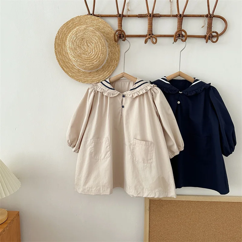 

25Autumn New Children's Color-Block Lace Collar Navy Style Dress for Girls Baby Pocket Long Sleeve Dress Korean