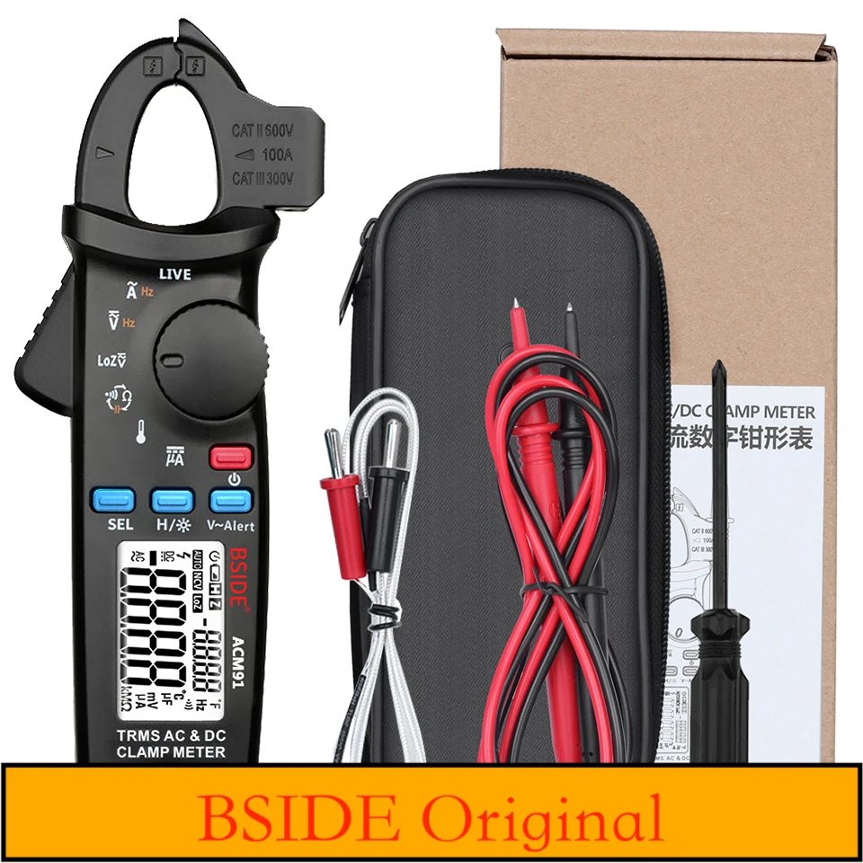 BSIDE ACM91 Digital Clamp Meter Multimeter AC DC Digital Clamp Meter Auto Range Digital Ammeter Temp Capacitor Tester Multimeter