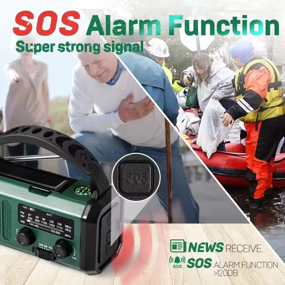 10000mAh Solar-Notfall-Wetterradio AM/FM/NOAA Tragbares Kurbelbetriebenes Notfallradio mit LED-Taschenlampe SOS-Alarm Powerbank für Outdoor-Aktivitäten – Detail 4