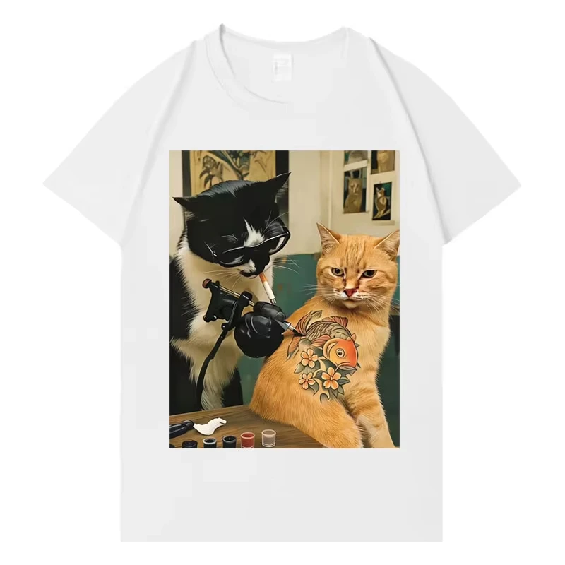 Trendy Graphic T Shrit Cat Smoking Tattoo Inked Funny Meme T-Shirt Harajuku Y2K T-Shirt Short-Sleeve Summer O Neck Casual Tshrit