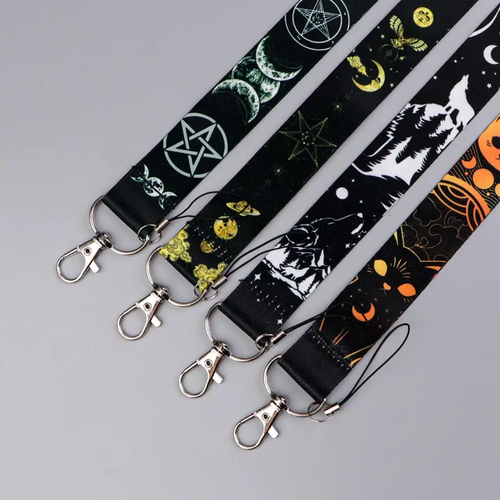 Night Moon Print Webbing Lanyard Keychain Cute Ribbon Hang Rope Keyring Mobile Phone Charm Neck Straps Key Ring