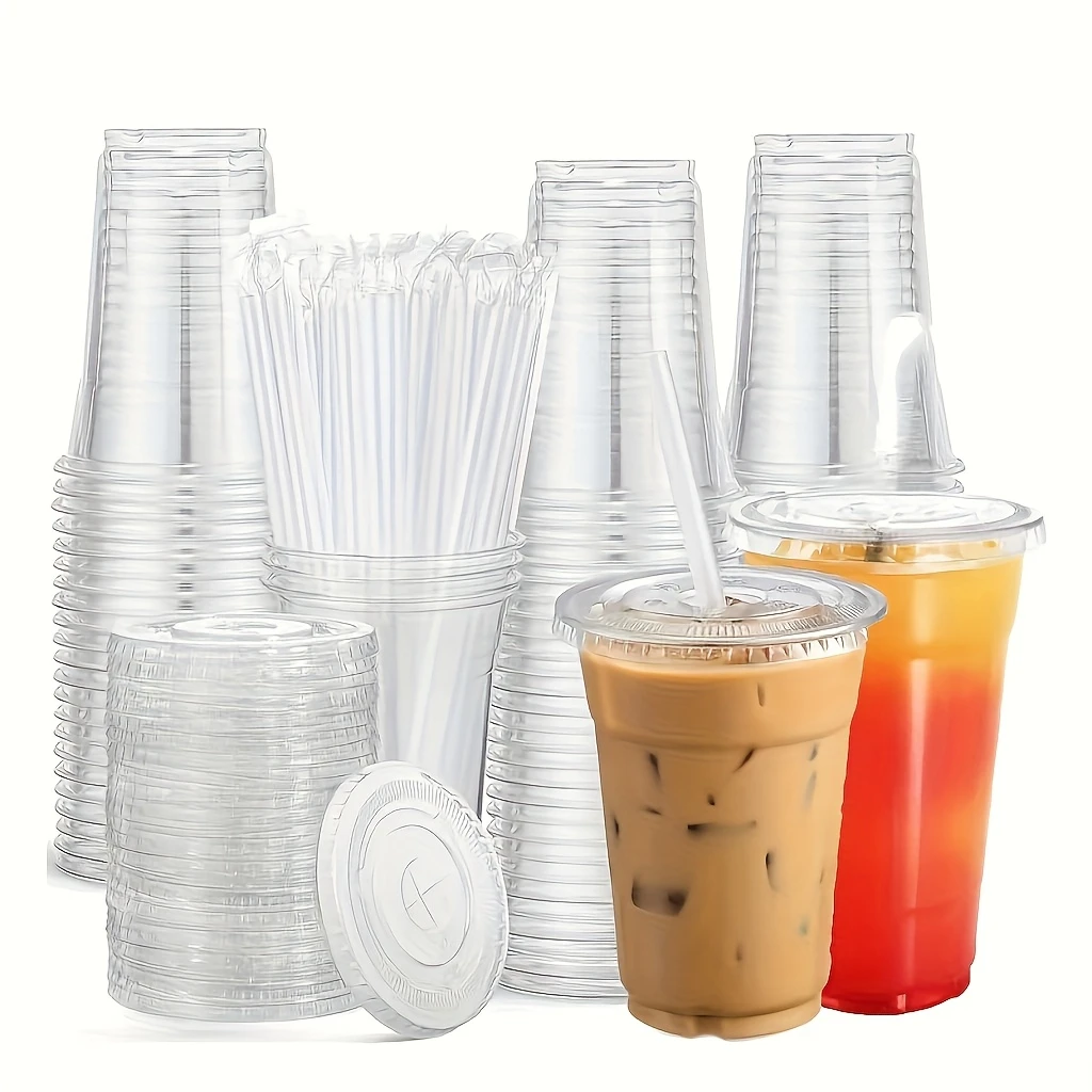 Vaso de plástico transparente con tapa plana y pajita, reutilizable, ideal para helados, café helado, eventos festivos, acampadas y fiestas.