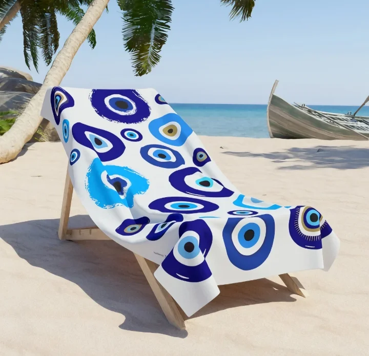 Evil Eye Beach Towel, Microfiber Large Sand Free Quick Dry, Blue Turkish Nazar Boho Design, Soft Absorbent
