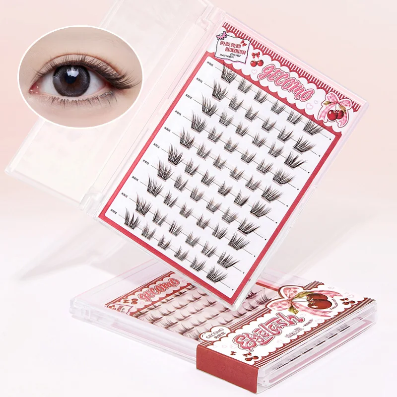 Cílios postiços GECOMO Little Cherry sem cola em marrom, com curva natural de bebê, aparência grossa e densa na câmera