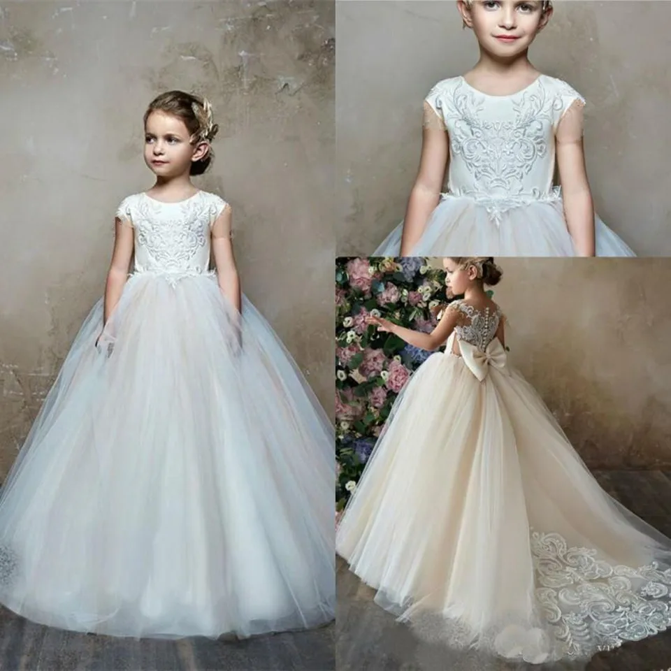 Abito da ragazza formale abiti da ragazza di fiori Applique prima comunione Party Prom abito da principessa damigella d'onore matrimonio con treno