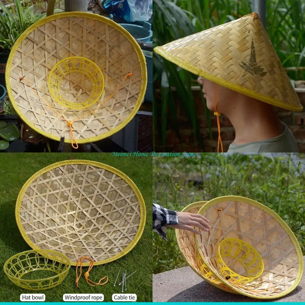 H7BF Chinese Rattan and Rattan Fisherman Hat Handmade Weave Bucket Hat Adjustable